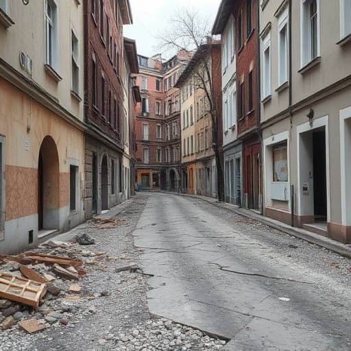 Immagine di una strada a Frosinone con edifici danneggiati dopo il terremoto