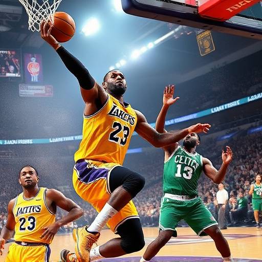 LeBron James dei Lakers in azione durante una partita contro i Boston Celtics